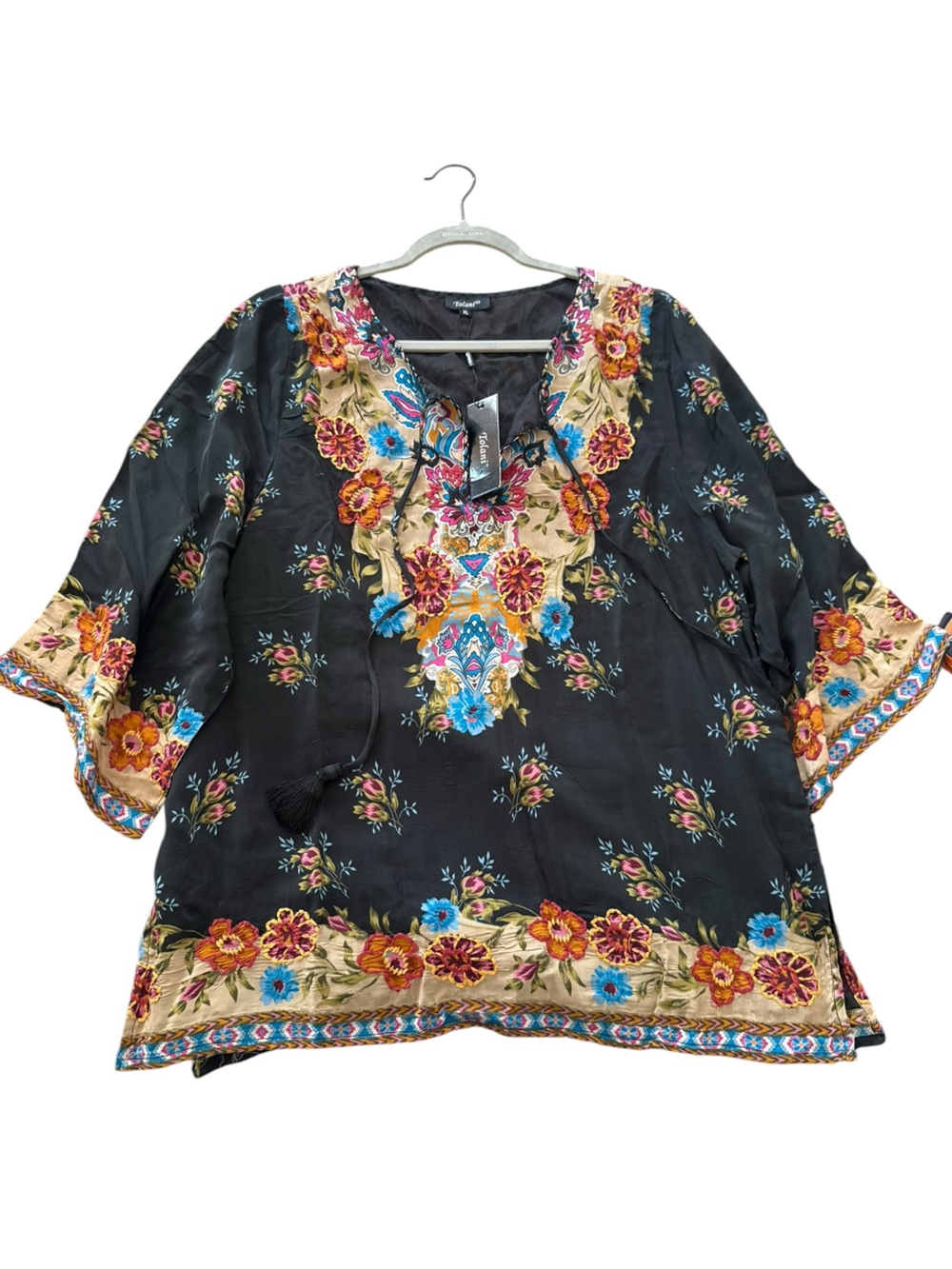 Tolani Black Floral Embroidered Tunic with Multicolor Accents